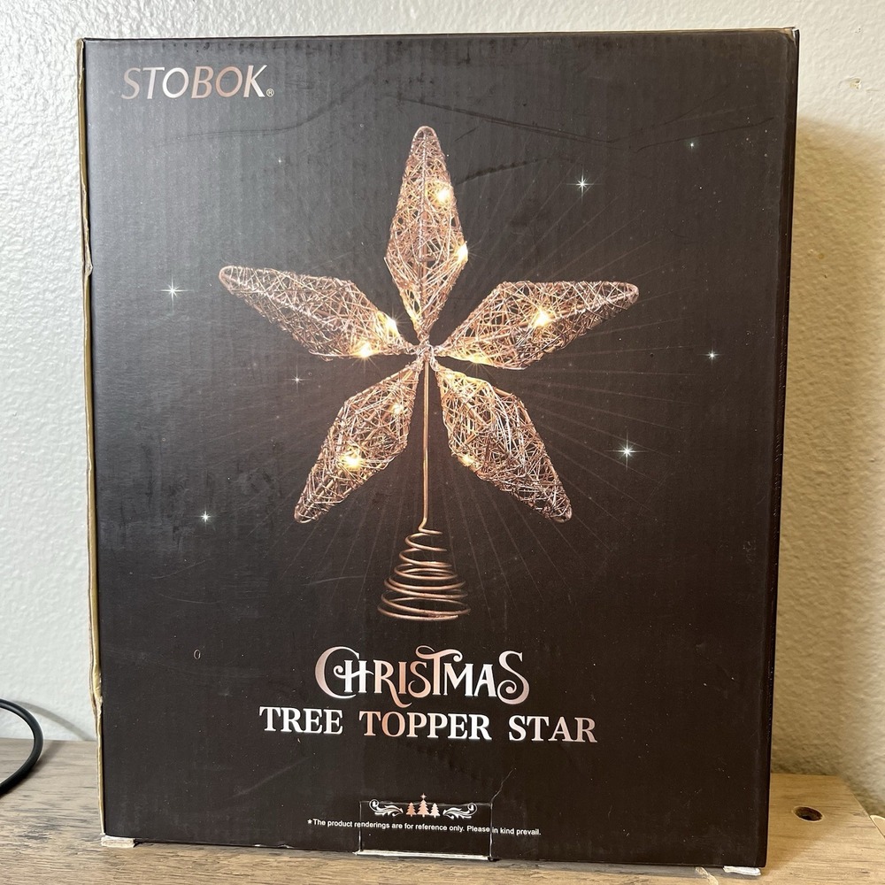 Stobok Lighted Christmas Tree Topper Star Rose Gold Warm White LED Battery 12"